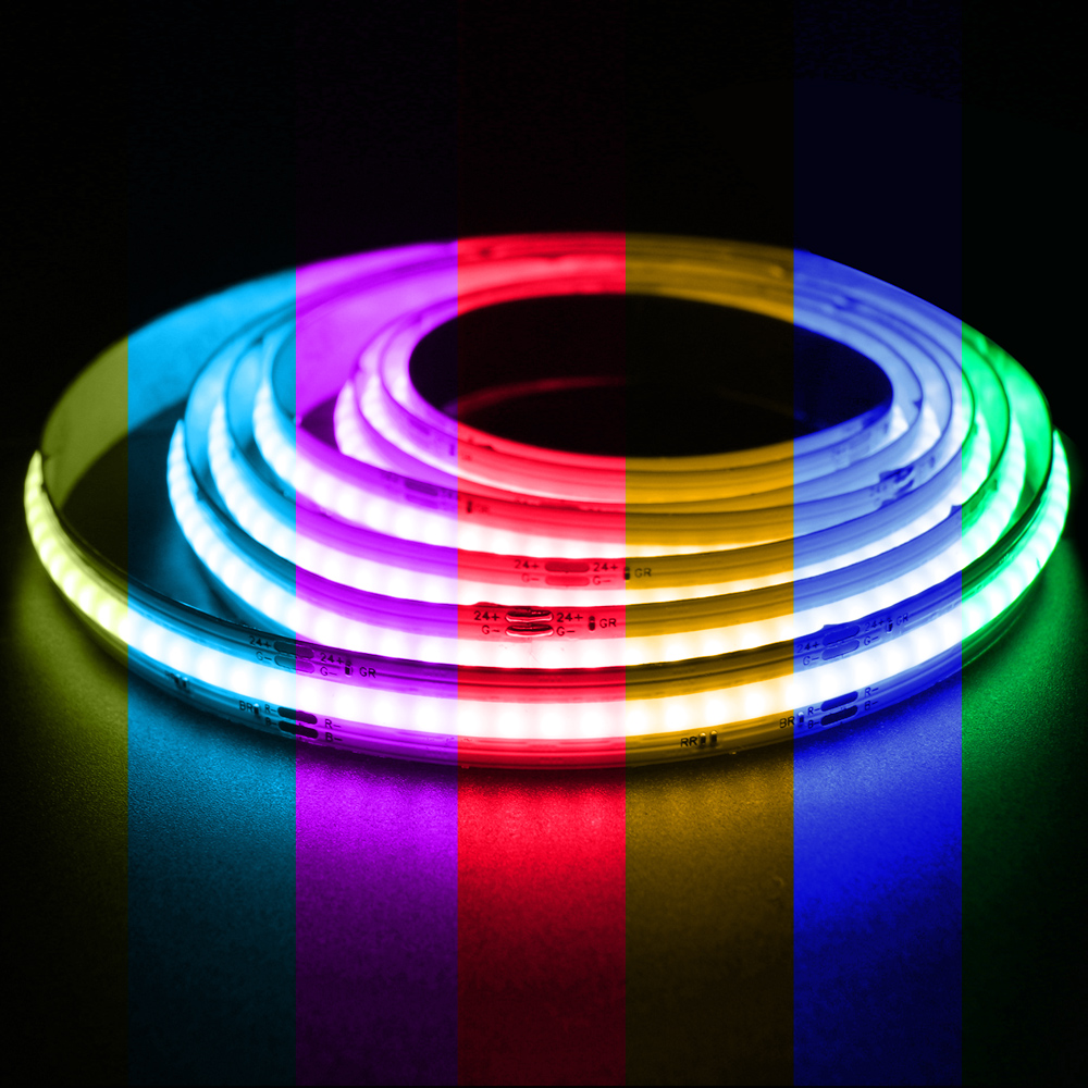 Vivid RGB COB LED strip light showcasing multiple colors including red, green, blue, and purple, ideal for decorative and ambient lighting applications.