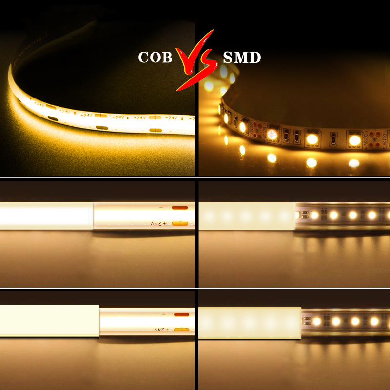 Comparison of COB and SMD LED strips: COB offers a seamless light output, while SMD provides distinct individual light points