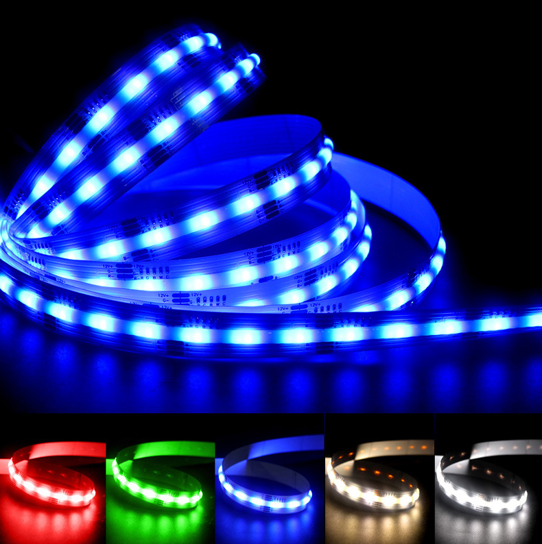 A flexible SMD5050 RGB LED strip light glowing in blue, shown with additional lighting color options like red, green, and white at the bottom.