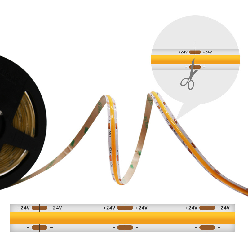 Flexible 24V LED strip, easy to cut along the indicated line for custom lengths.