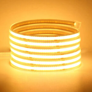 Energy-efficient solar-powered COB LED strip lights in warm white for outdoor decoration.