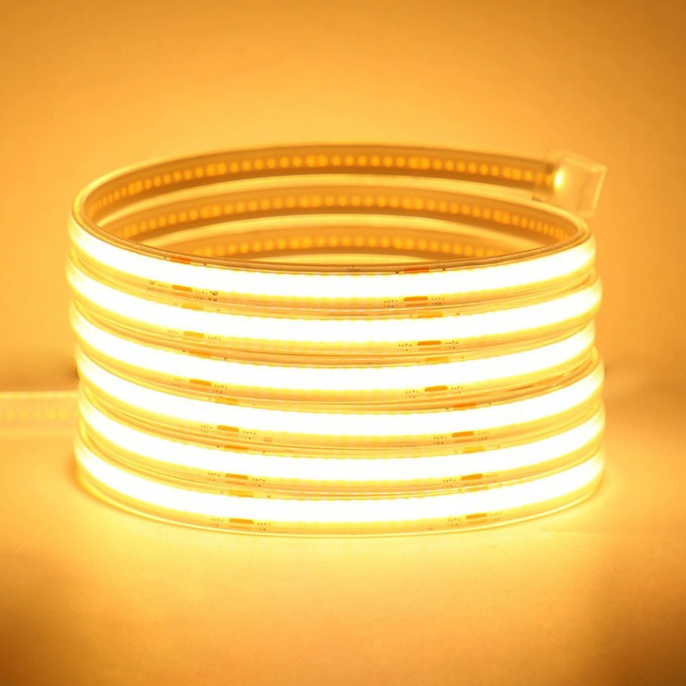 Energy-efficient solar-powered COB LED strip lights in warm white for outdoor decoration.