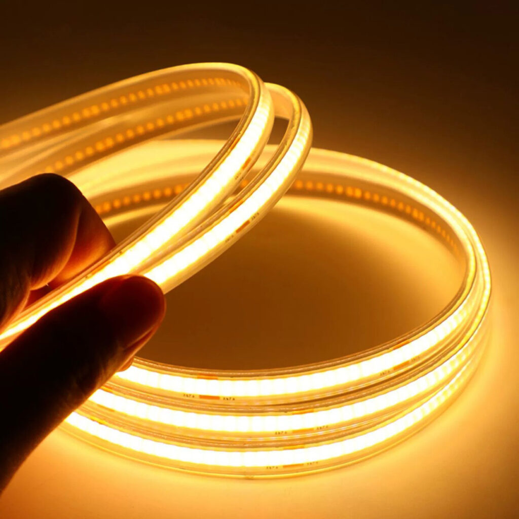 Flexible solar-powered COB LED strip lights with bright illumination, ideal for outdoor use.