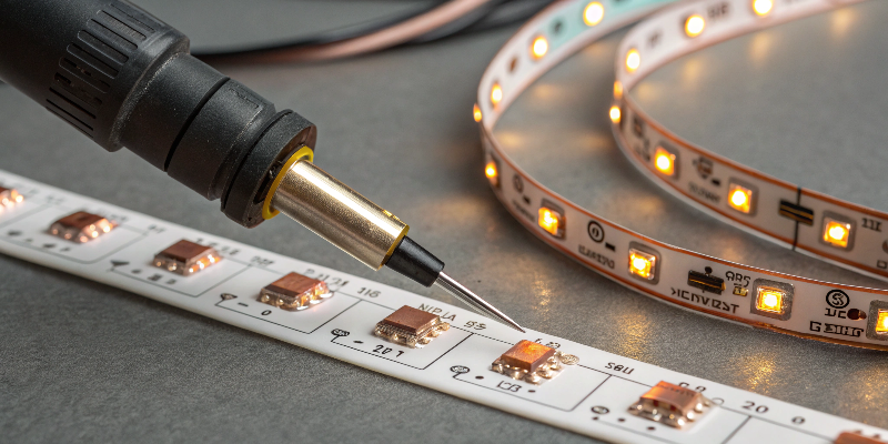 Close-up of soldering process on an LED strip light