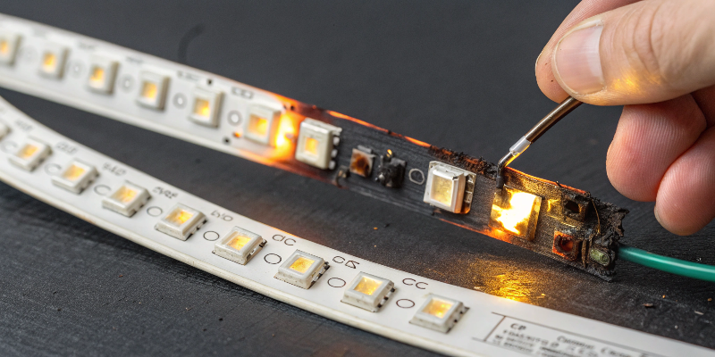 Burnt LED strip light being repaired