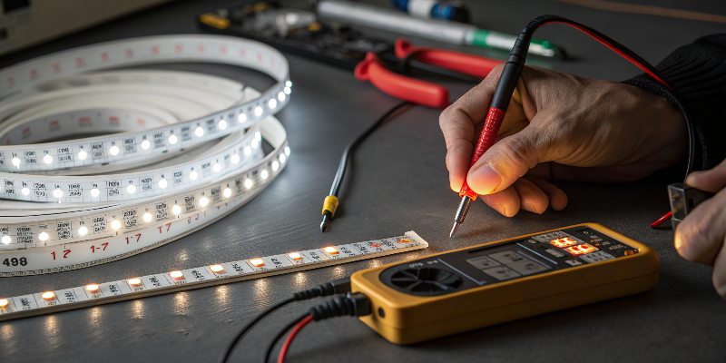 Technician using a multimeter to test LED strip lights