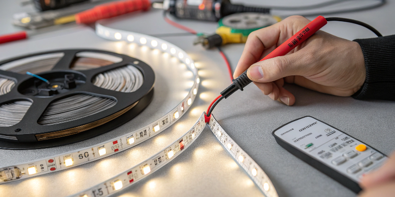 Technician testing LED strip light with multimeter and remote