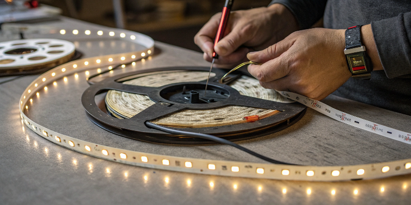 Technician wiring and assembling LED strip light reel