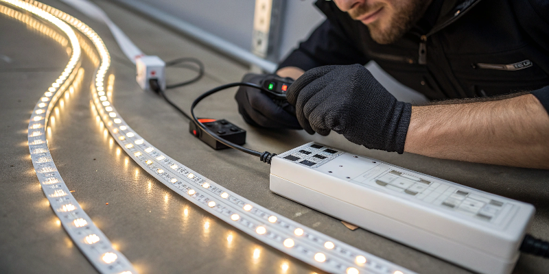 Technician testing LED strip lights with a power supply