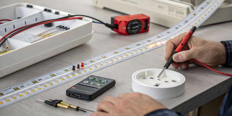 Technician testing LED strip light connections with tools