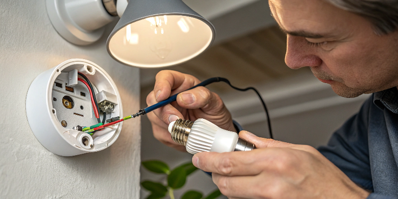 Electrician wiring a light fixture and installing an LED bulb