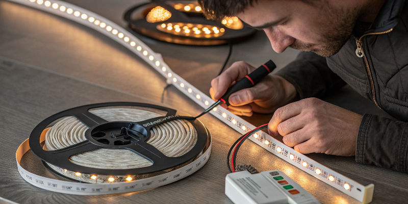 Man connecting and testing LED strip lights with controller
