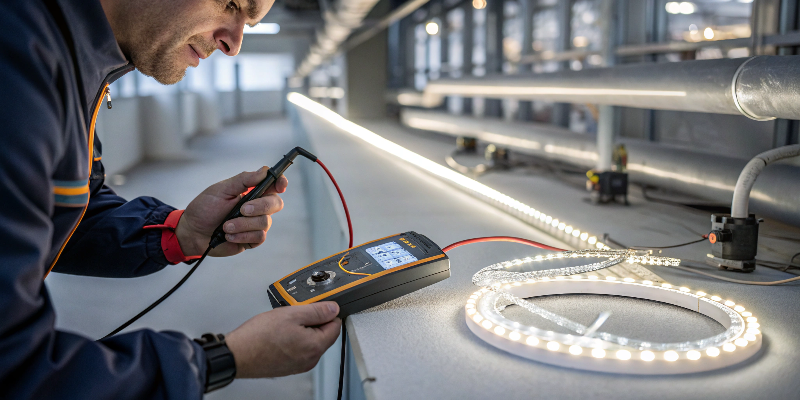 Engineer testing LED strip lights with a multimeter in an industrial setting