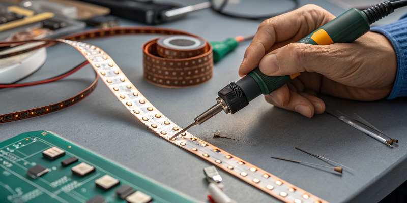 Technician soldering components on an LED strip light