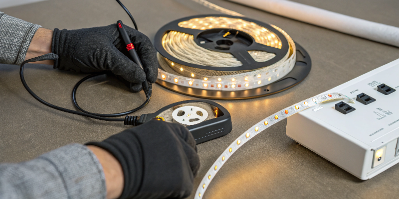 Technician testing LED strip light connection