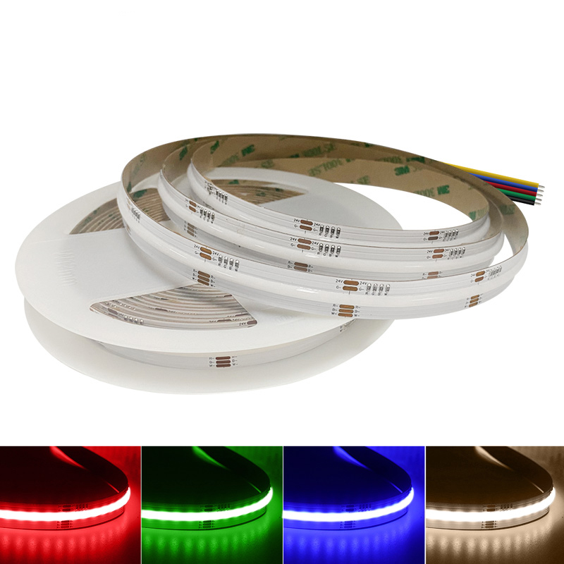 A 24V RGB LED strip light on a white reel with multicolor options shown at the bottom including red, green, blue, and white, perfect for interior accent lighting.