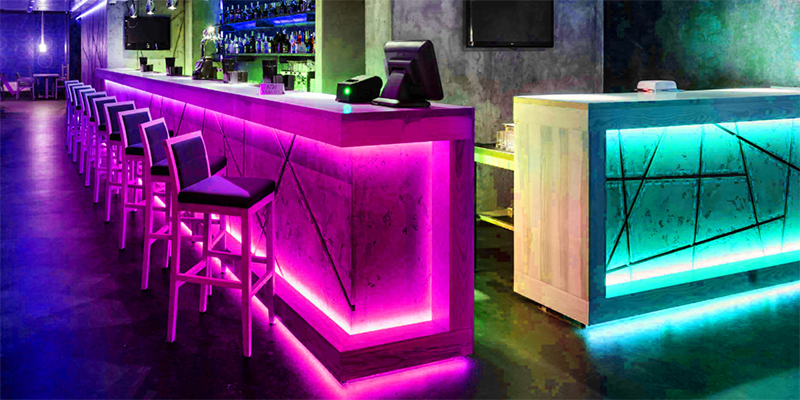 LED strip lights installed under bar counter
