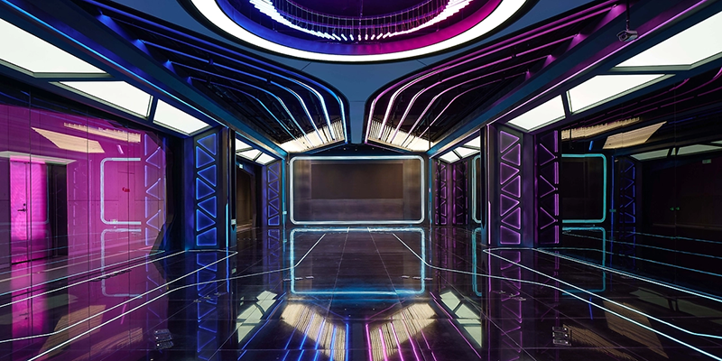 Modern illuminated interior with neon lights, futuristic design
