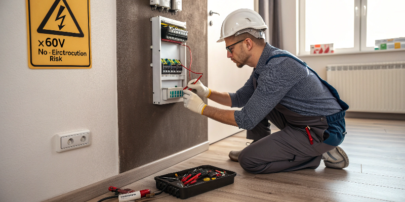 Electrician installing low voltage LED power system safely