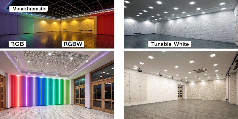 LED lighting types Comparison of RGB, RGBW, monochromatic, and tunable white LED lighting