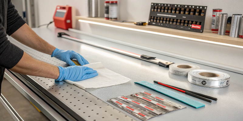 Precision workspace with LED strip lighting and professional tools