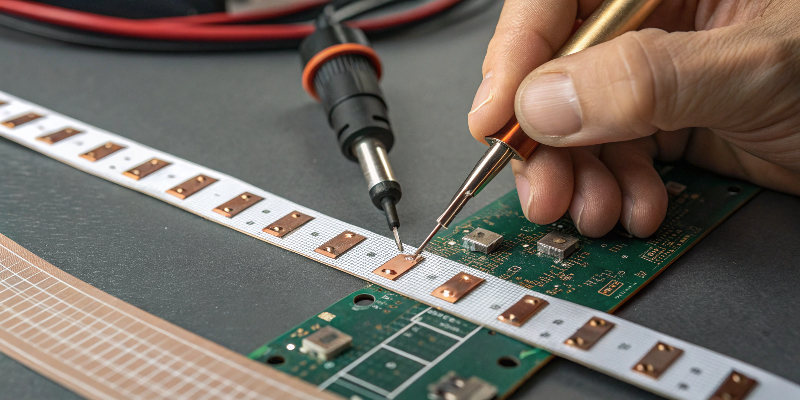 Technician soldering LED strip light onto a circuit board
