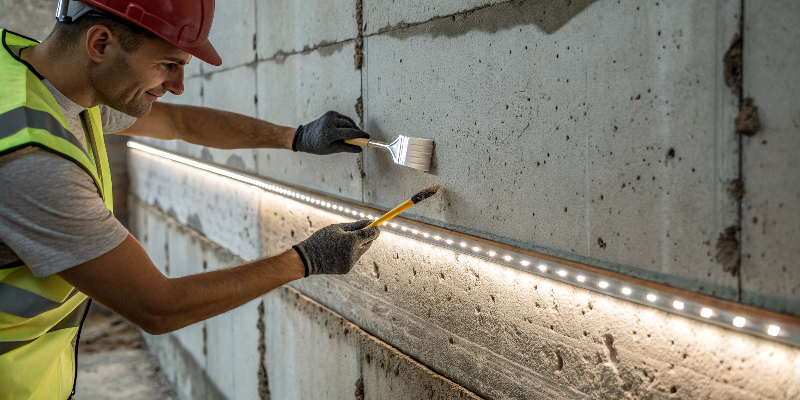 Construction worker installing LED strip lighting on concrete wall