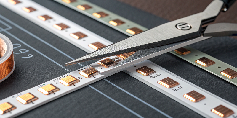 Close-up of cutting an LED strip light at designated points