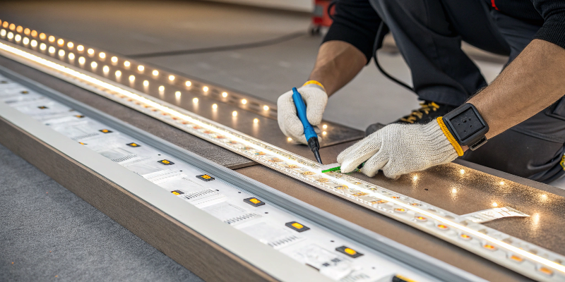 Technician installing and wiring LED strip lights