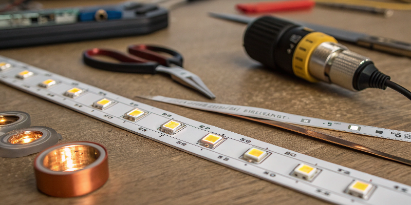 Close-up of LED strip light with tools for installation and customization