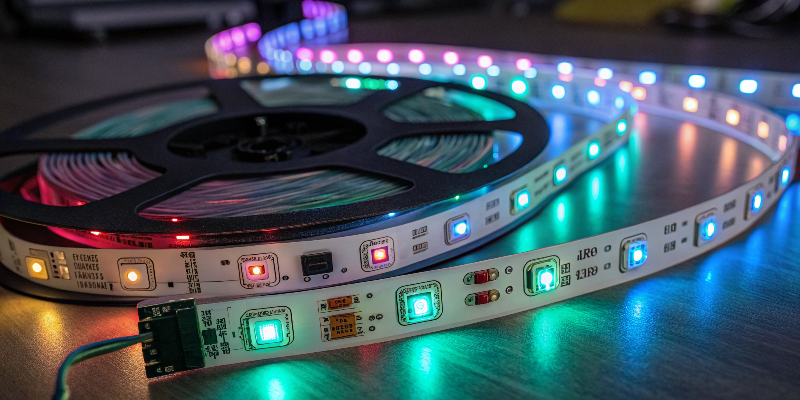LED strip lights, multi-color LED strip lights with multi-color lights on a reel and controller