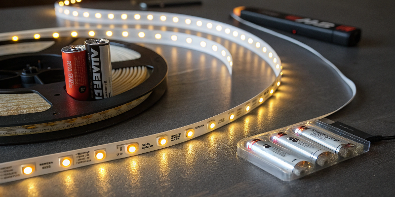 LED Strip Light Setup Battery powered LED strip light glowing warmly