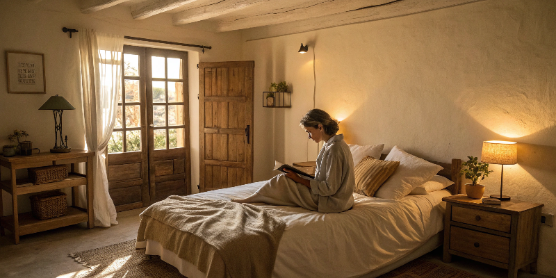 Rustic warm lighting Rustic bedroom with warm lighting and natural wooden decor