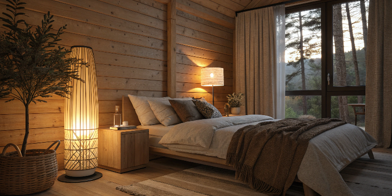 Warm ambient lighting Cozy wooden bedroom with warm ambient lighting and natural decor