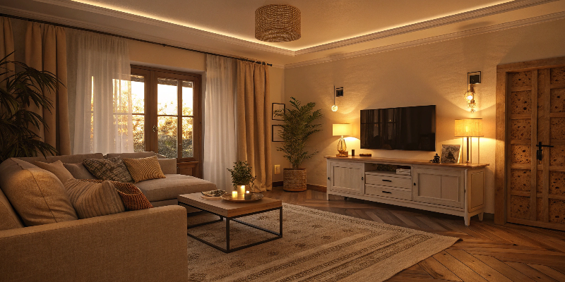 Warm LED lighting Cozy living room with warm LED lighting and rustic decor
