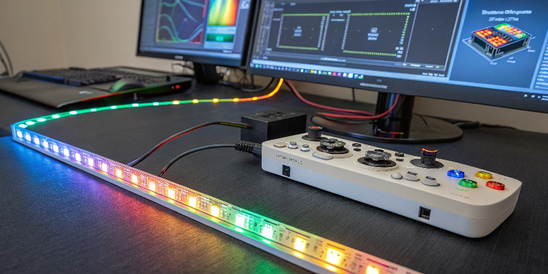 LED strip controller setup RGB LED strip connected to controller with dual monitors