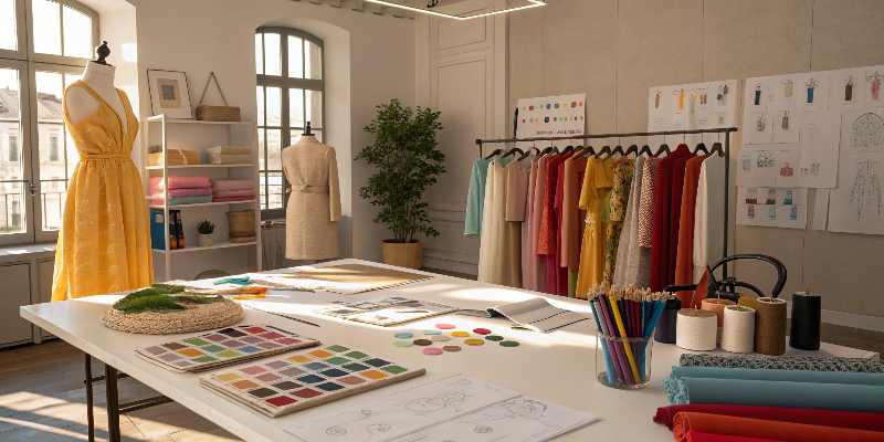 Fashion design studio Fashion design studio with colorful fabrics and creative workspace