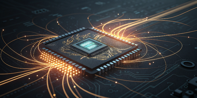 Futuristic microchip with glowing data connections