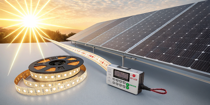 Solar-powered LED strip light system with controller and panels