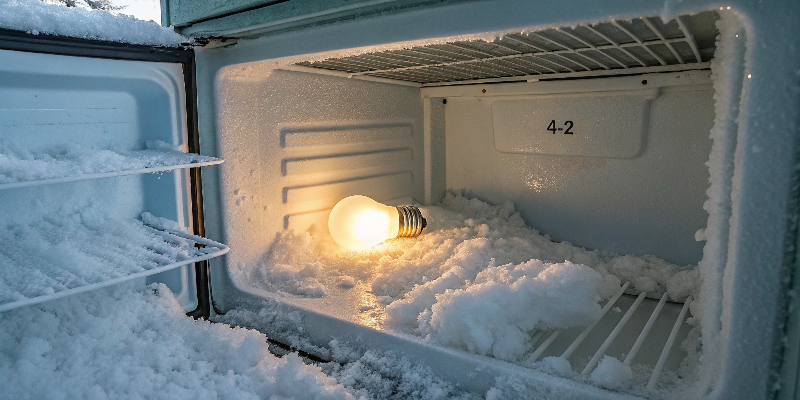 light bulb in a freezer with snow