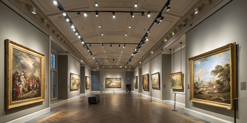 Gallery LED Lighting Elegant art gallery with LED track lighting highlighting paintings