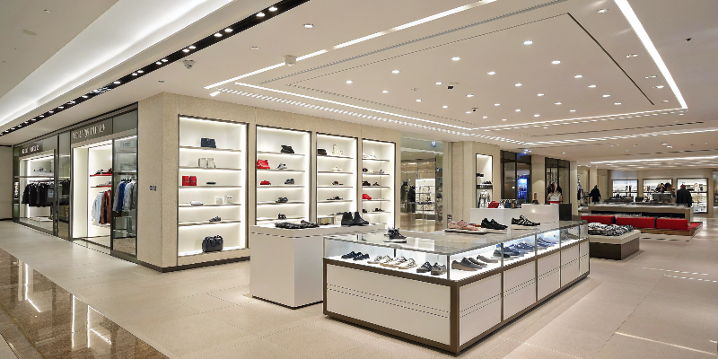 Luxury retail store with bright LED lighting for display shelves
