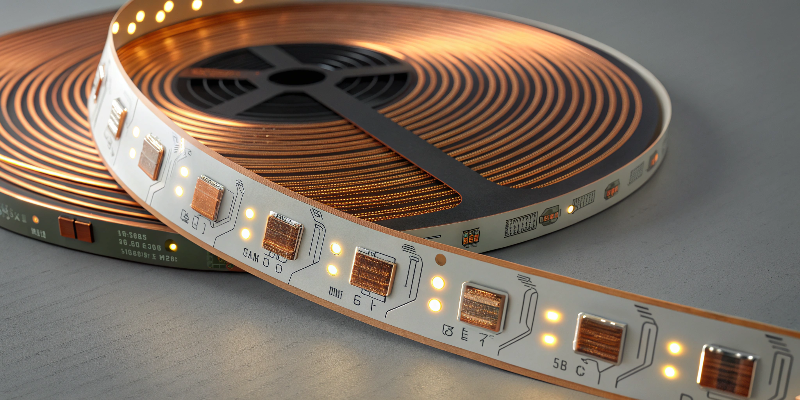 Warm white LED strip light roll with copper circuit design