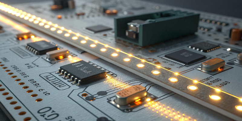 Close-up of LED strip light integrated with electronic circuit board