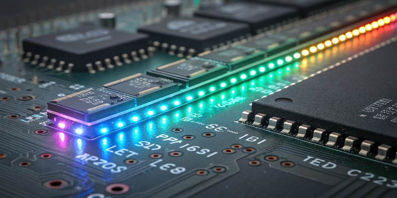 LED strip on PCB Mini LED strip lights glowing on electronic circuit board