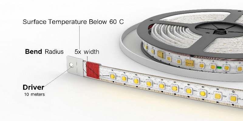 LED strip light specifications including bend radius and driver length