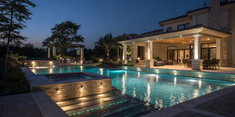 LED strip lights illuminating luxury poolside architecture