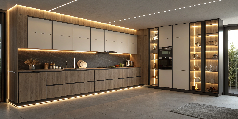 Modern kitchen with elegant warm LED strip lighting
