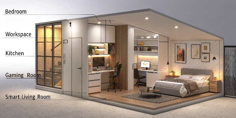 Smart LED lighting Smart home interior with LED lighting for different functional areas