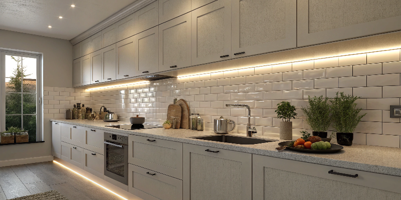 Modern kitchen with warm LED strip lighting under cabinets